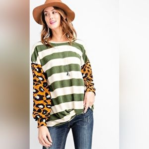 Rae Mode Leopard Sleeve Stripe Top | Olive Camel Colorblock Sweater Tee S–3X NWT